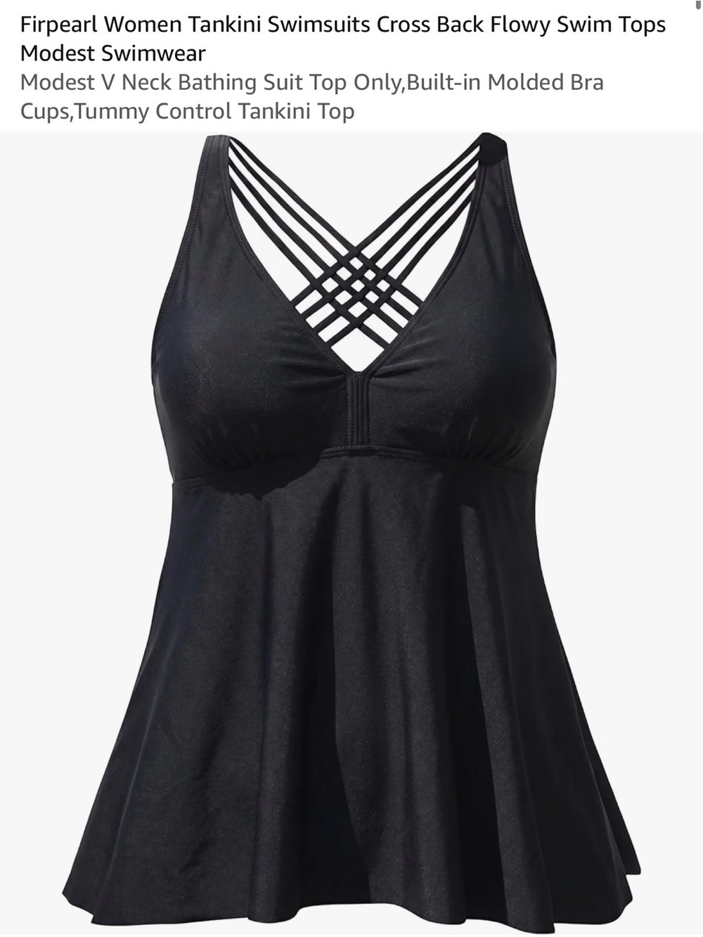 Women’s Plus Firpearl Black Tankini Top 20 2x Molded Cups Flowy Criss Cross Back
